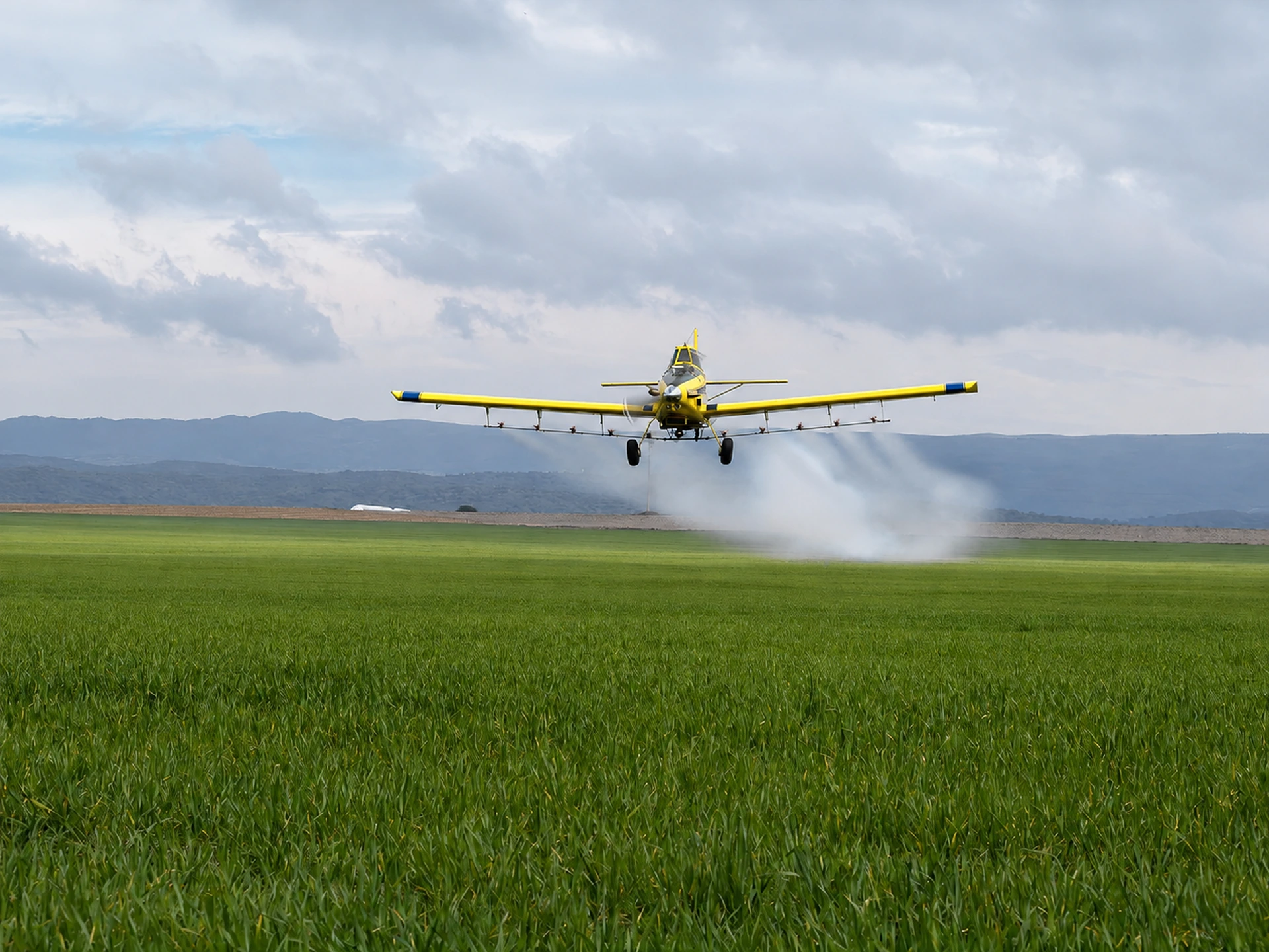 Avión agrícola realizando una aplicación aérea sobre un cultivo
